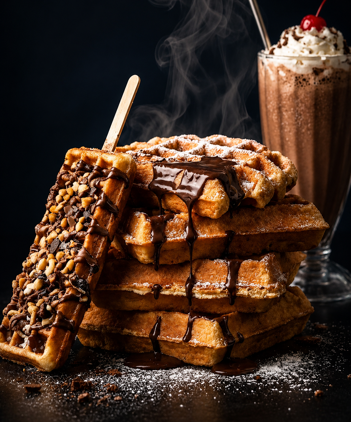 Stacked waffles with chocolate and a milkshake
